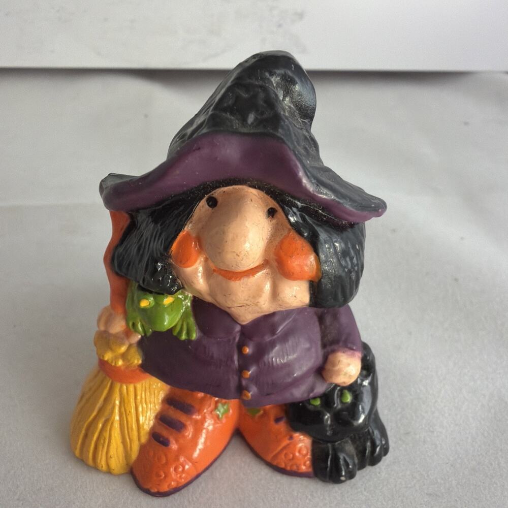 1977 Hallmark Merry Miniatures Witch with Broom Black Cat Vintage Halloween
